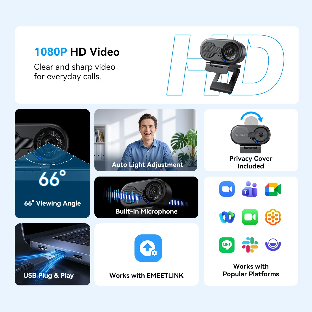 Kamera internetowa 1080P/2K/4K Full HD EMEET C100 USB do komputera, do wideokonferencji — zdjęcie produktu 3