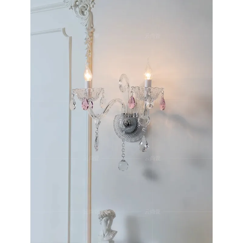 

Crystal wall lamp pink living room background wall decoration bedroom bedside lamp French European light luxury corridor aisle l