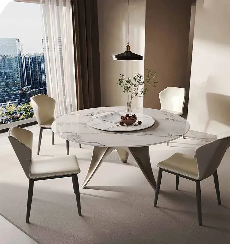 Table, household marble round table with rotating disc, imitation luxury stone circular dining table, dining table and chair com