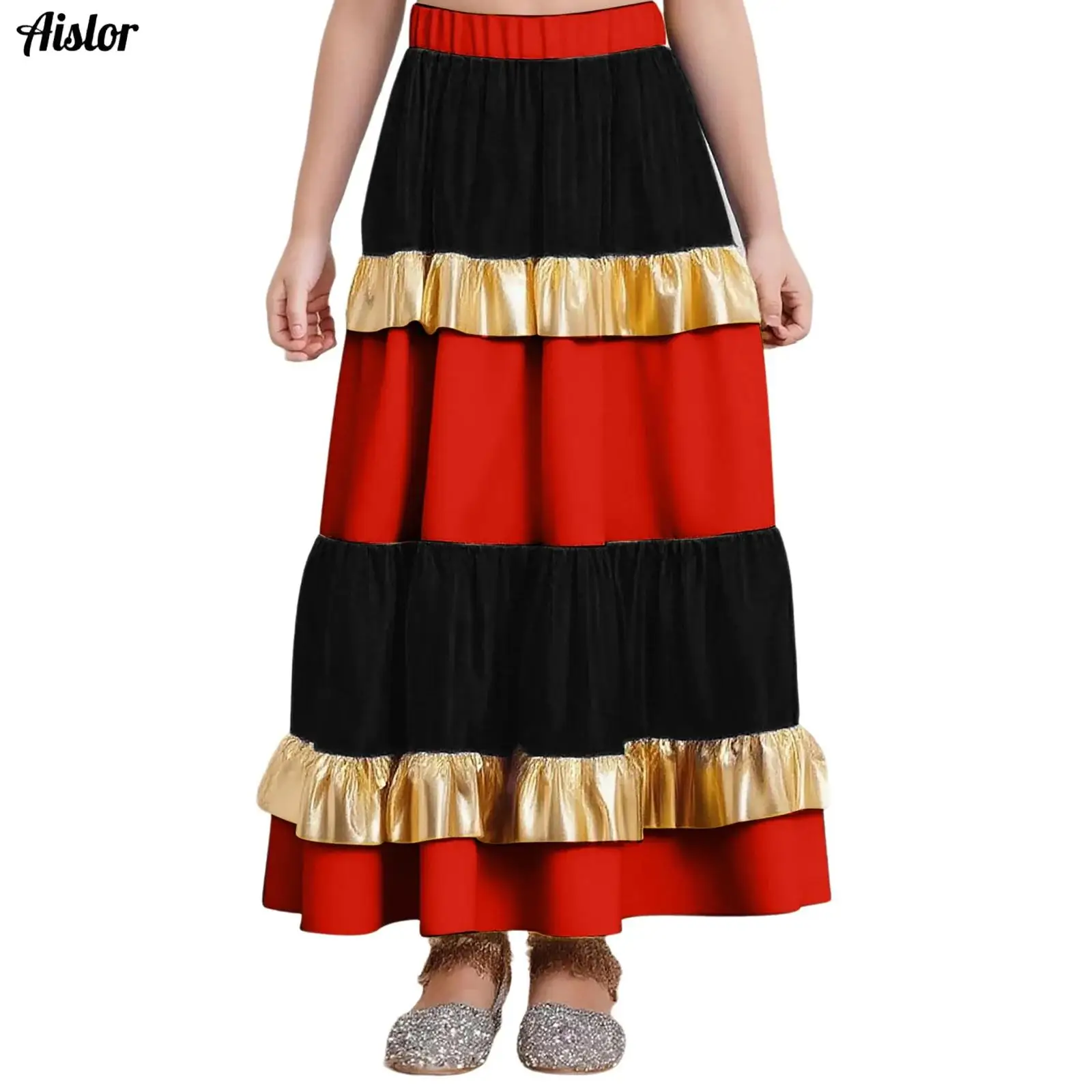 

Kids Girls Flamenco Dance Skirt Tiered Ruffled Satiny Metallic Shiny Contrast Color Big Swing Maxi Skirt Spanish Dance Skirts