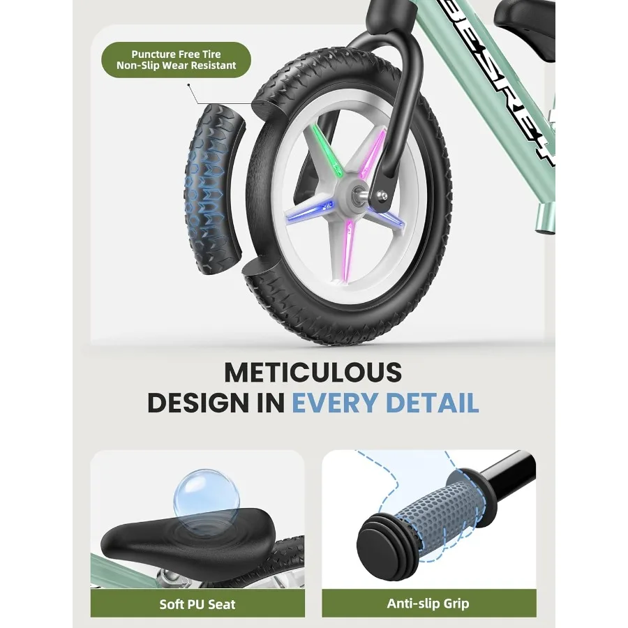 จักรยานทรงตัวสำหรับเด็กวัยเตาะแตะ อายุ 2 ปี: โครงโลหะทั้งหมดและล้อขนาด 12 นิ้วแบบมีไฟในตัว พร้อมเบาะนั่งปรับระดับได้ แผ่นรองแบบกำหนดเอง แถมฟรี 4 ชิ้น