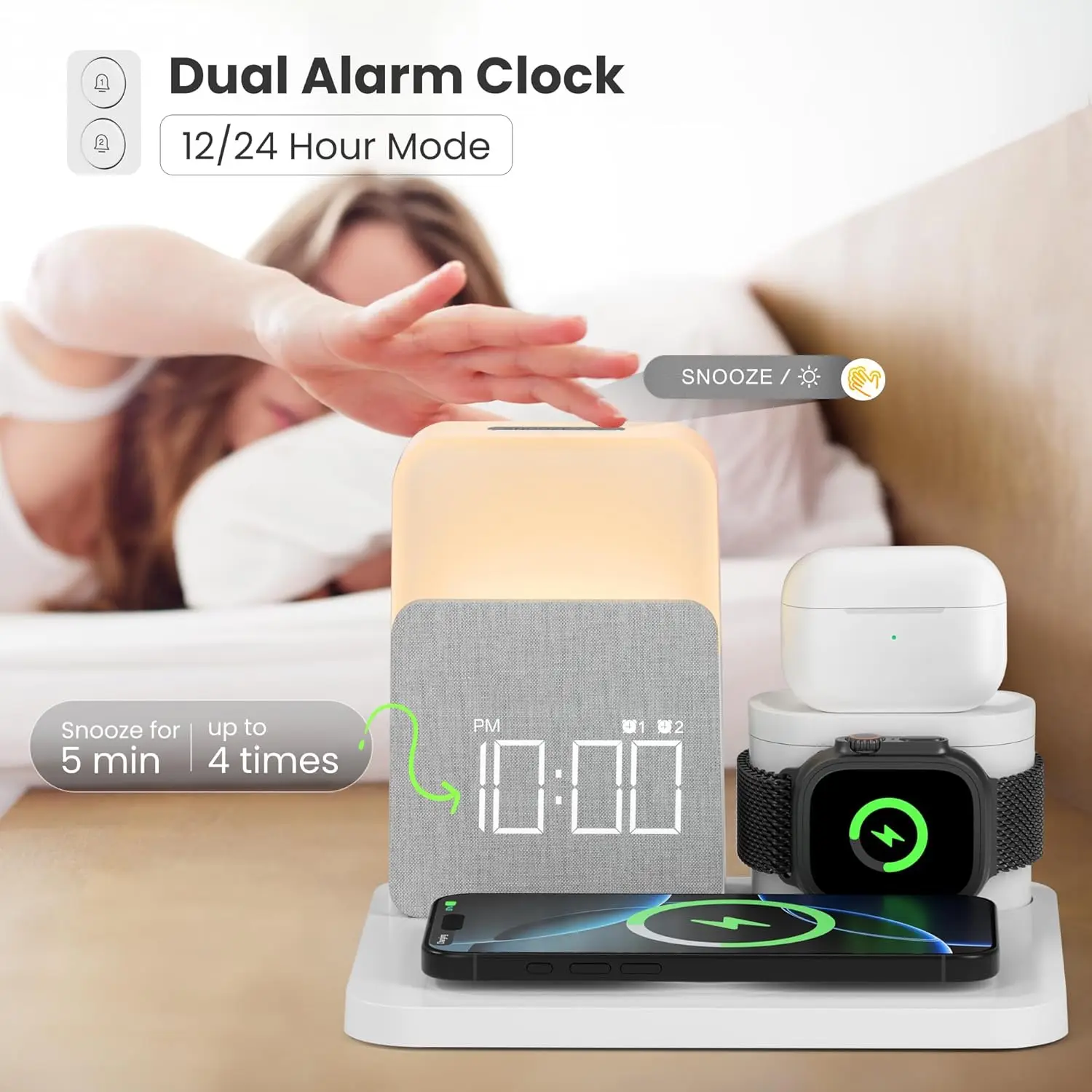 7-in-1 MagSafe Alarm Clock Charger-Wireless Station for iPhone 12-16/Samsung/Xiaomi/Huawei/Apple Watch/AirPods with Night Light