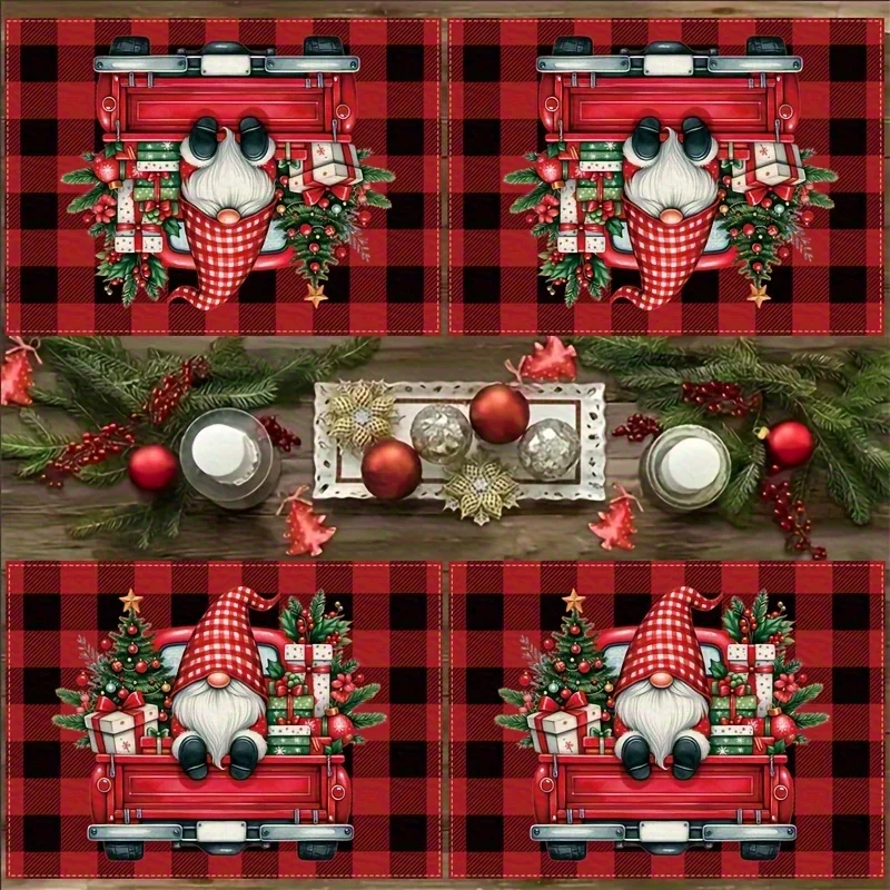 VIKAMA Plaid Gnome Truck Table Placemats - Red & Black Checkered Santa Sleigh Design, Durable Imitation linen Rectangular Mats