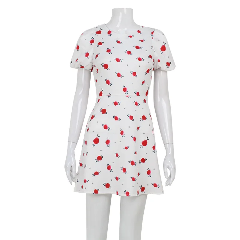 Floral Printed Dresses For Women Fashion Sexy Streetwear Puff Sleeves O-Neck A-Line Elegant Mini Vestidos Robes Female Slim Fit