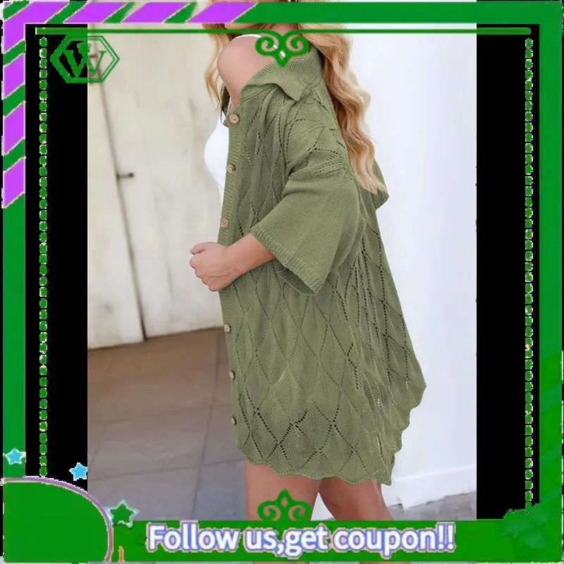 

A18P-Women's Summer Cable Knit Cropped Button Down Collar Sweater Shirts
