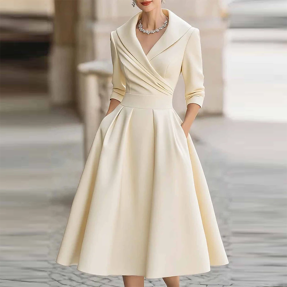 أنيقة الساتان التلبيب الخامس الرقبة المرأة فستان رسمي كم طويل الخريف سليم ألف خط حفلة ميدي فستان للإناث حفلة موسيقية فساتين السهرة #5