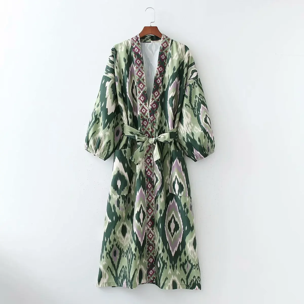 New women's retro tie up waist and kimono style cardigan printed dress