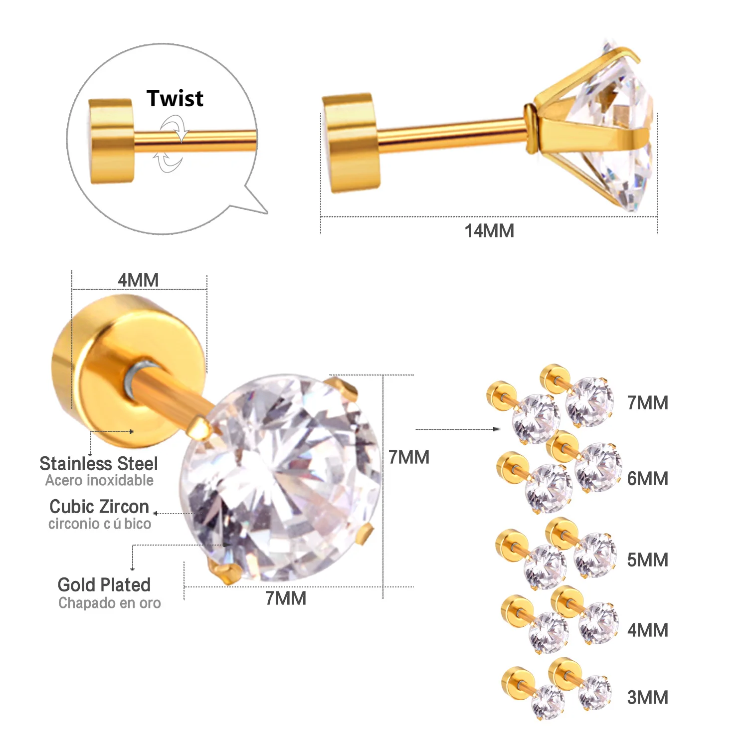 12Pair Cubic Zirconia Stud Earrings Round Crystal Stainless Steel No Fade Simple Screw Earrings Jewelry Gifts Wholesales Vintage