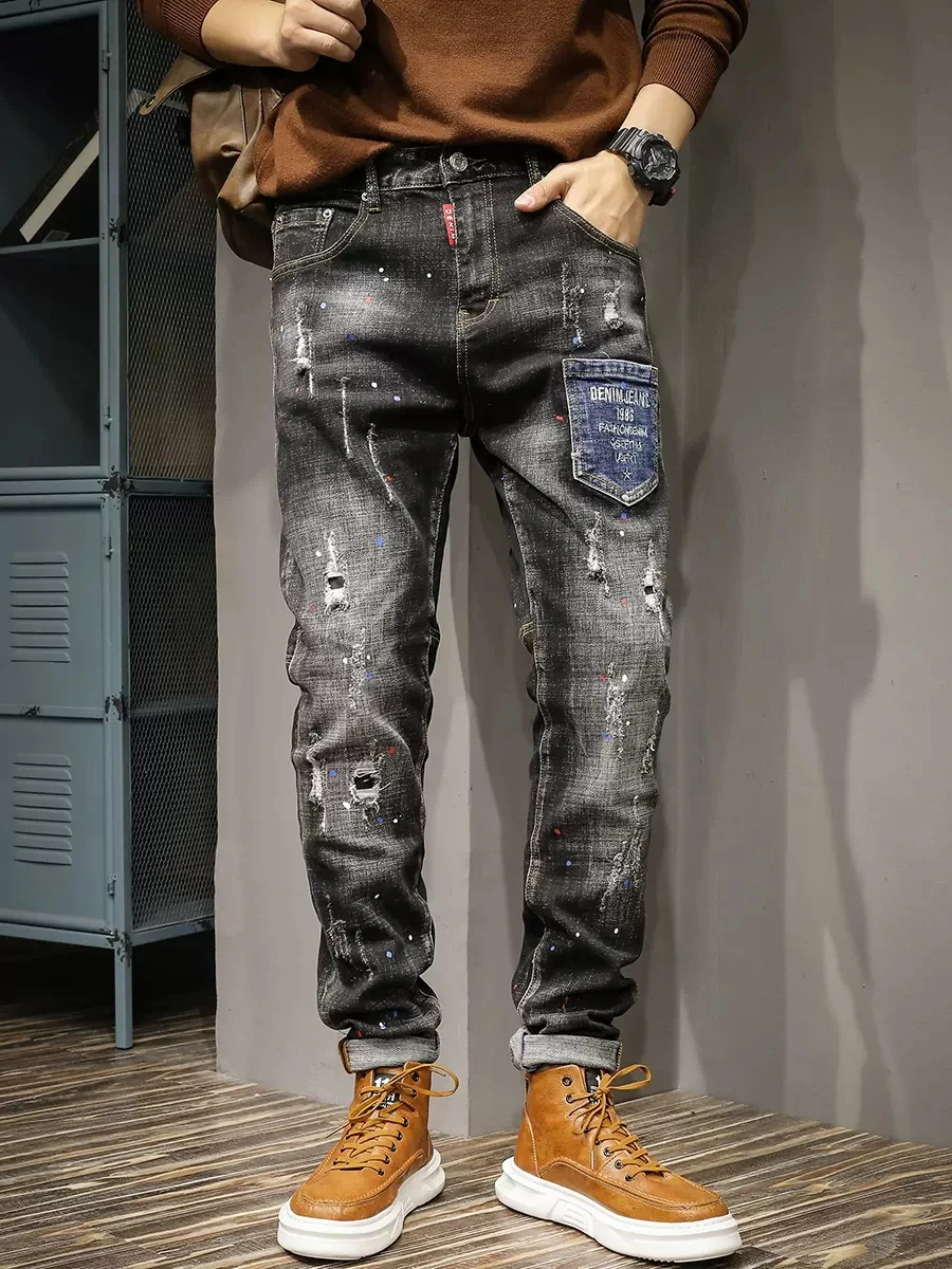 Street Fashion Men Jeans Retro Black Gray Stretch Slim Fit Painted Ripped Jeans Men Pocket Designer Hip Hop Vintage Denim Pants