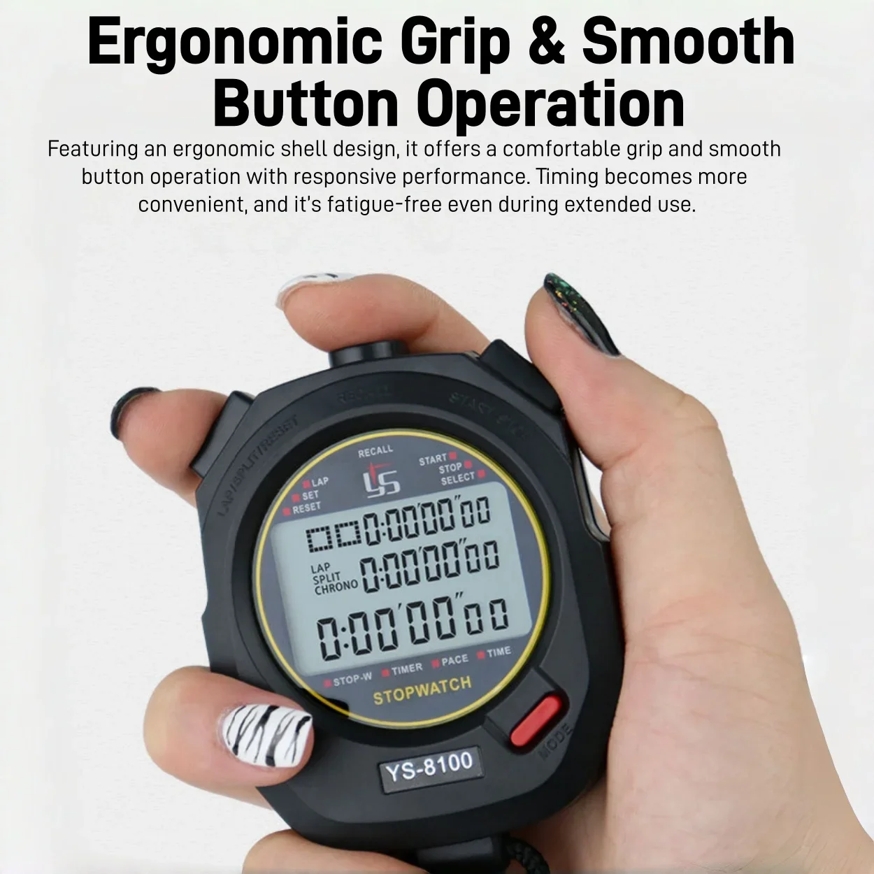 ساعة توقيت رياضية بذاكرة 100 لفة، مؤقت عد رقمي لأعلى/لأسفل مع شاشة كبيرة للجري والتدريب والتدريب والحكم