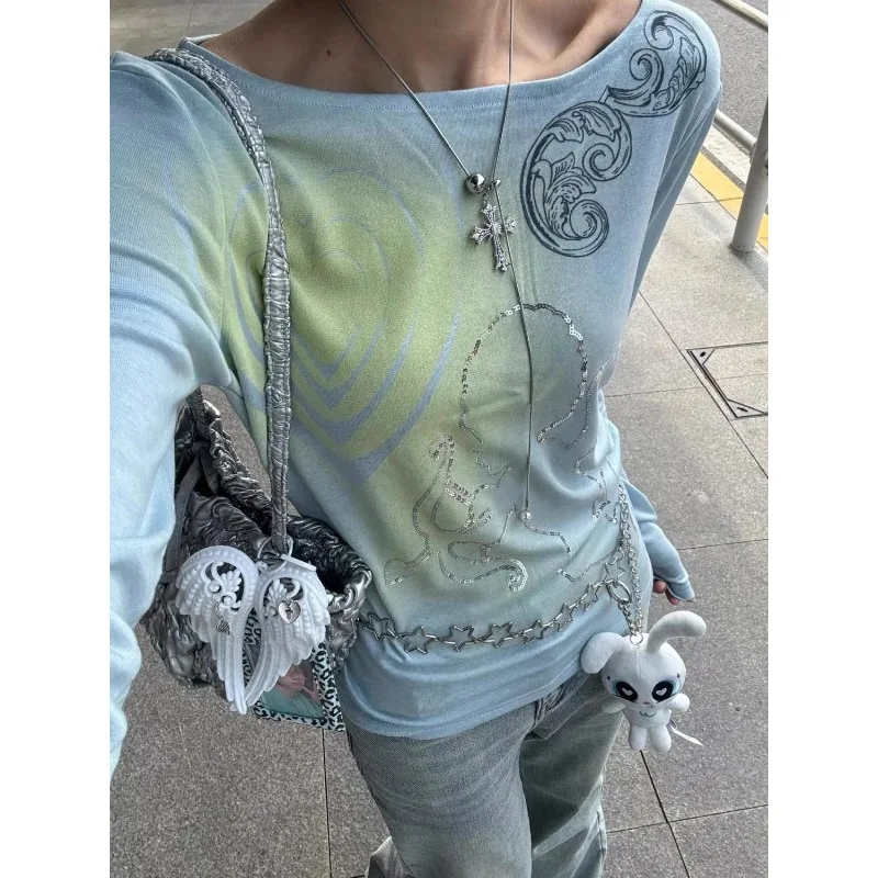 

Градиентная осенне-зимняя женская универсальная футболка с круглым вырезом и длинными рукавами, топ с геометрическим принтом и одним вырезом