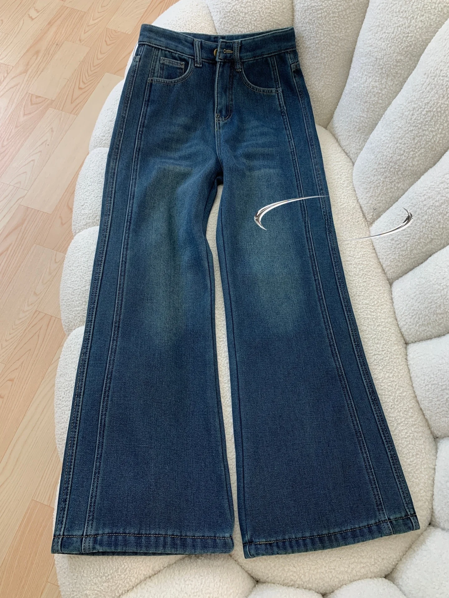 

Ретро-джинсы синего цвета на флисовой подкладке, широкие, с высокой талией, свободные, прямые, стройнящие, для фигуры типа «груша», осень-зима