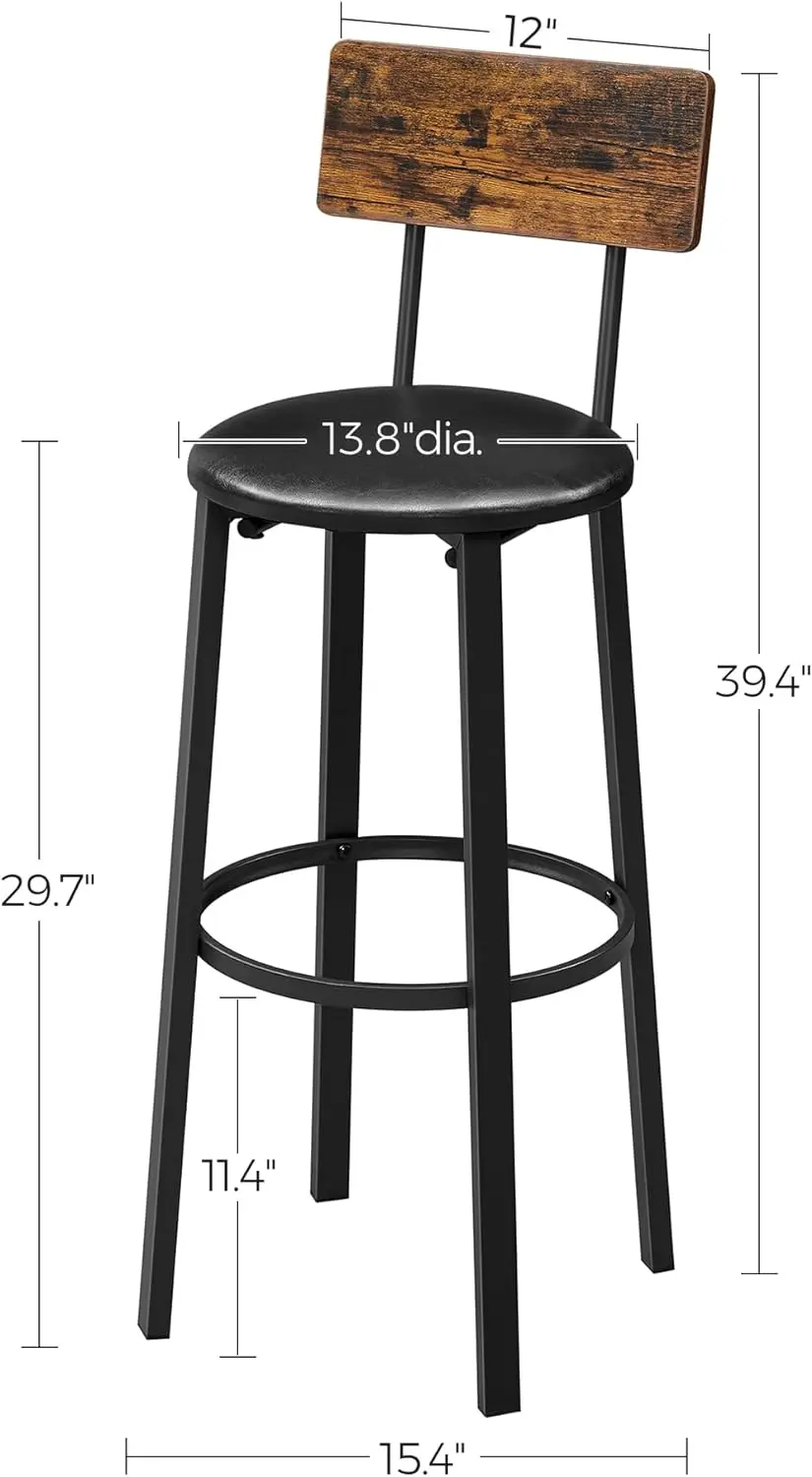 PU estofados café bar fezes, costas e apoio para os pés, montagem simples, 29,7 polegadas, conjunto de 2