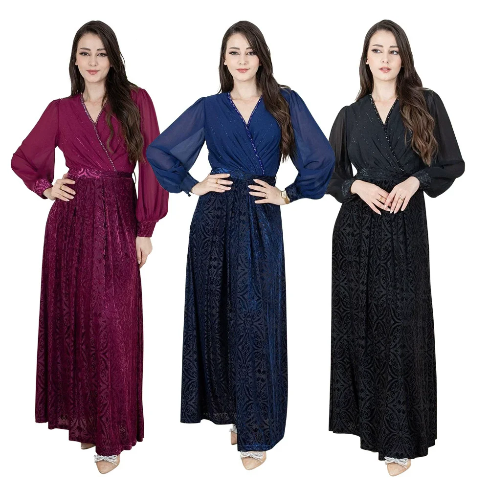 

Eid Muslim Party Dress for Women Diamond Flare Sleeve Ramadan Abaya Belt Morocco Kaftan Vestidos Largos Dubai Robe Jalabiya