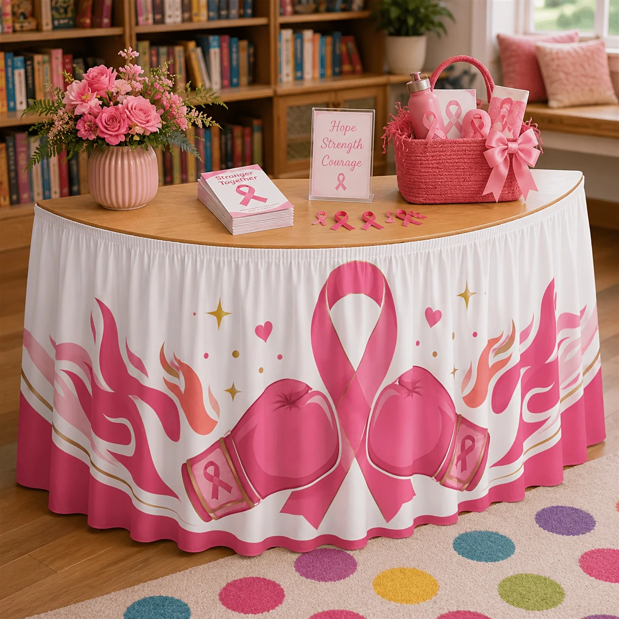 One table skirt. Breast cancer awareness theme table skirt. Pink ribbon boxing gloves.