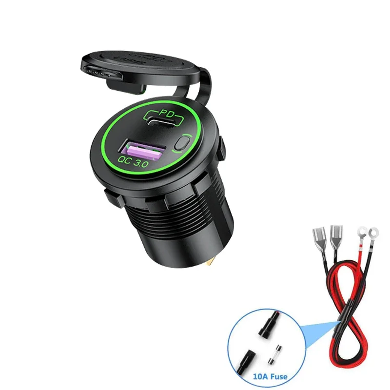 

DIY 12V/24V PD Type C Car Charger ON/OFF Switch QC 3.0 Quick Charger Waterproof 36W Charger Power Delivery with Fuse 60cm Cable