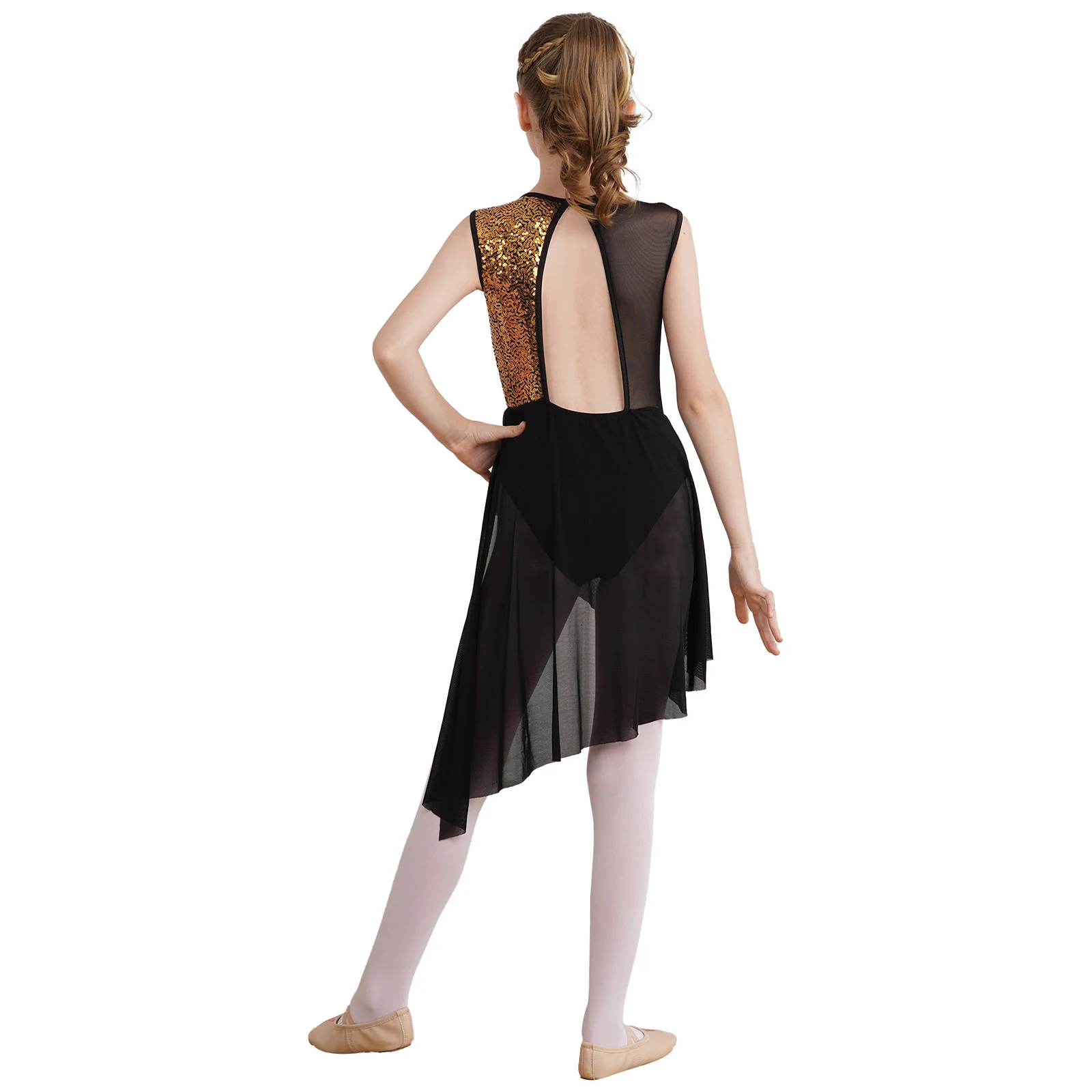 Abito da ballo lirico per ragazze Costume da balletto moderno e contemporaneo Paillettes lucide Maglia in tulle Gonna alta bassa Ballerina Dancewear