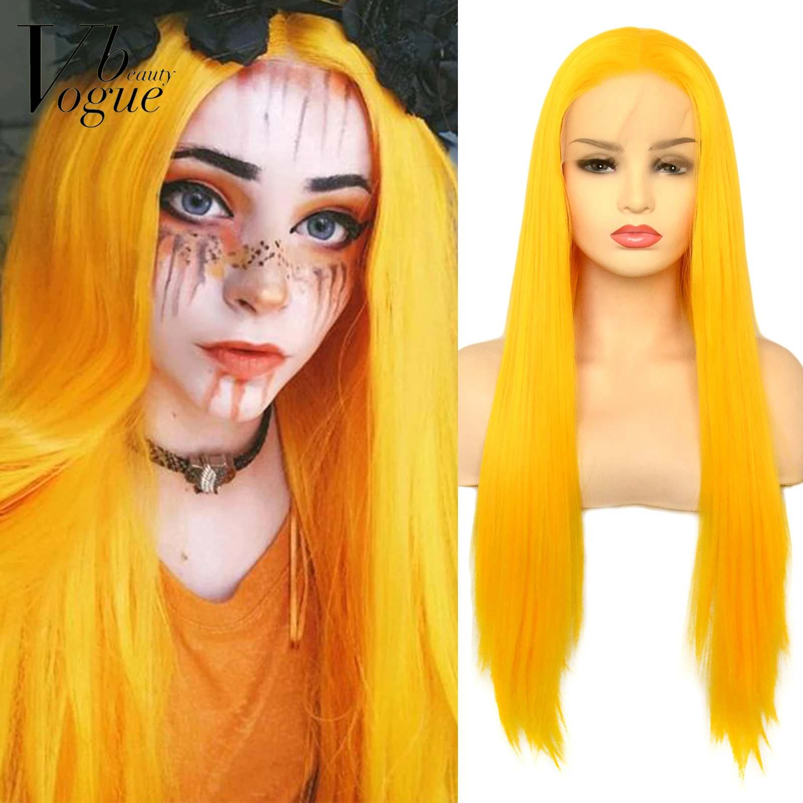 Voguebeauty Yellow Long Straight  T-Lace Front Wig Synthetic Heat Resistant Fiber Hair for Women Cosplay Daily wear