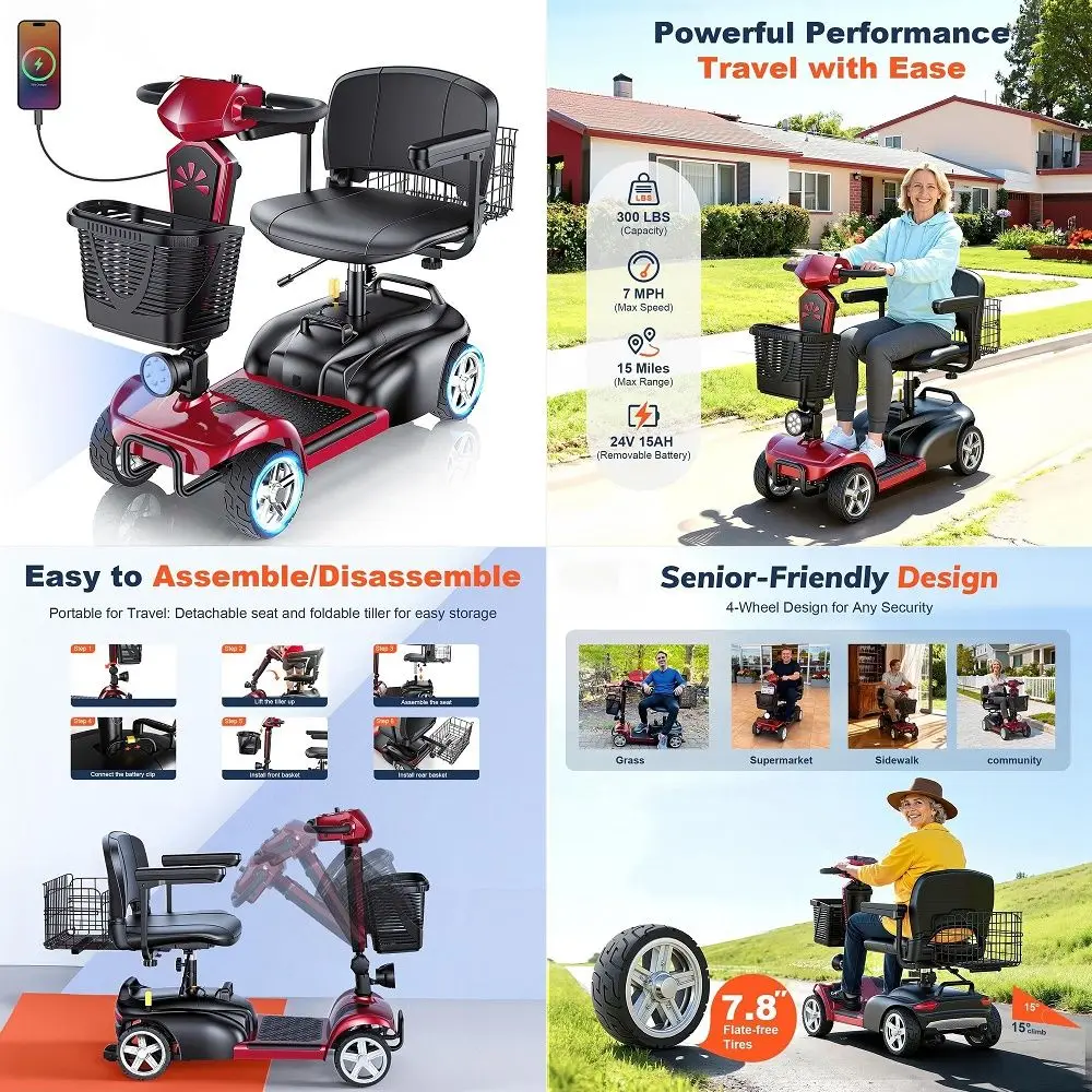 

25 30 50Miles 4 Wheels Electric Mobility Scooter for Seniors, Dual Basket, 350W Powered Wheelchair with Rotating Seat, Foldable