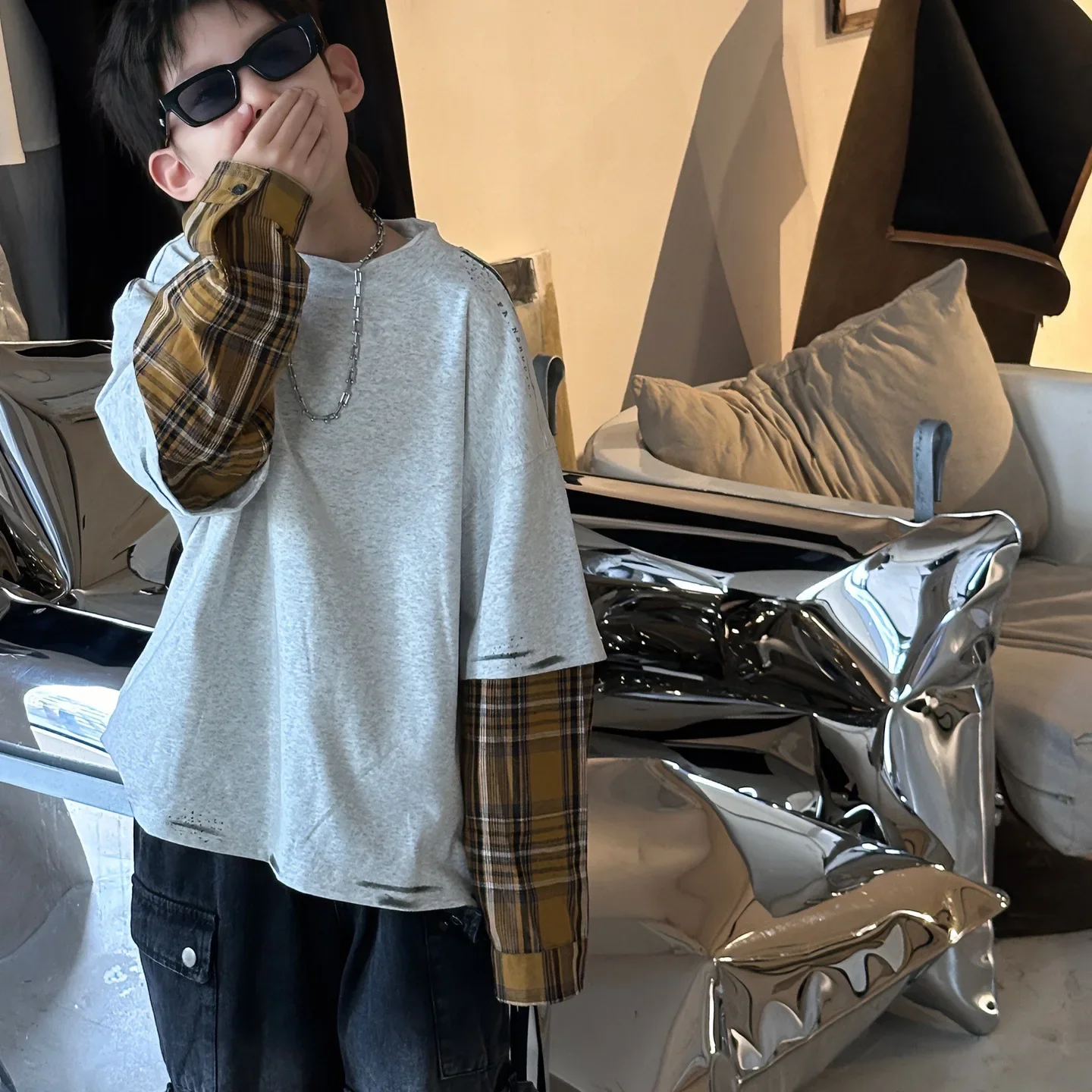 Boutique Clothing Simple Style 2026 Autumn New Korean Style Boys Fashion Splicing Checkered Hoodie Design Sense T-shirt Kids Top
