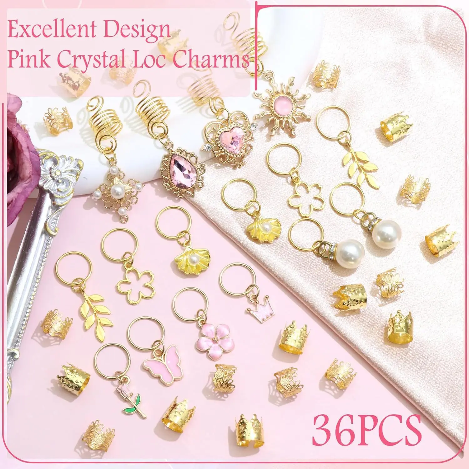 36개 꽃 하트 나비 글리터 라인스톤 드레드락 젬 꽃 헤어 익스텐션 링 세트