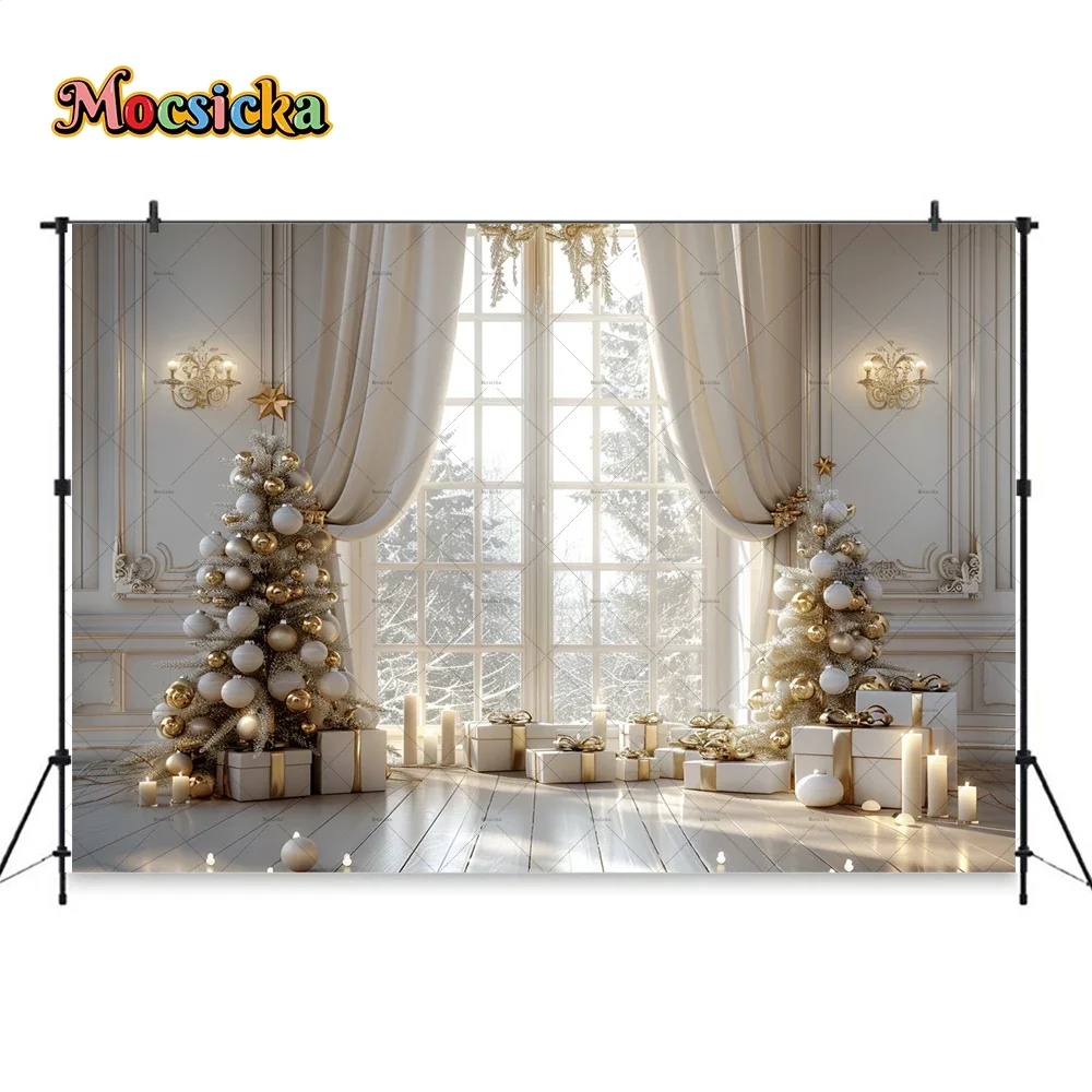 White Christmas Window Background for Wedding Birthday Photography Xmas Room Gold Xmas Tree Palace Backdrop Winter Studio Props