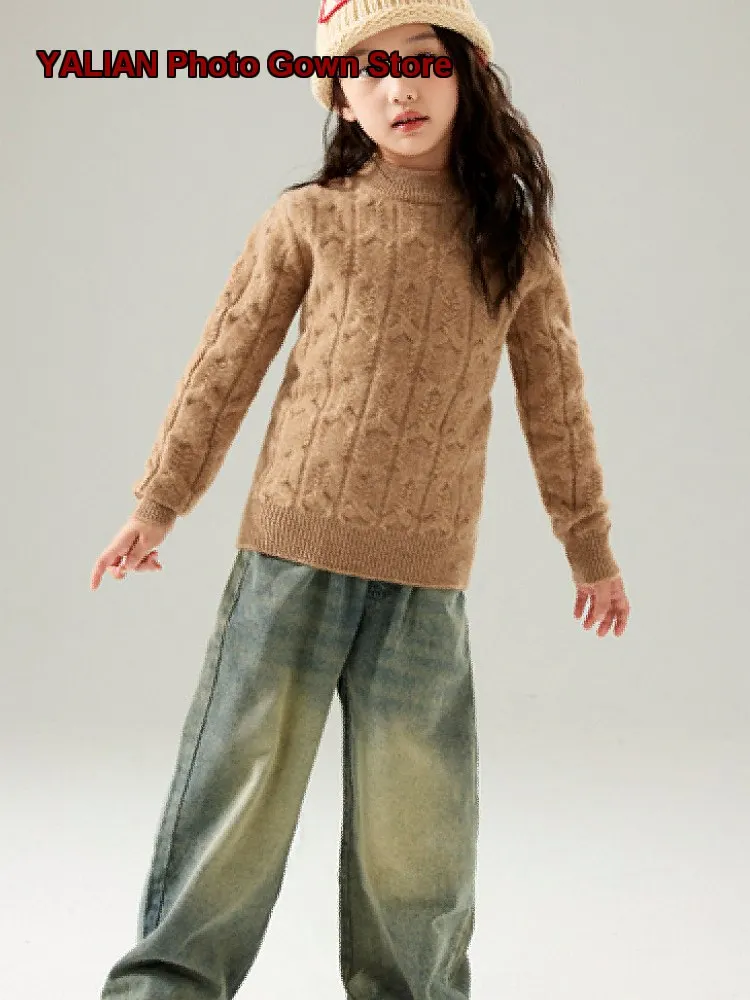 Kids Pure Wool Sweater Boys Girls Autumn Winter Cable Knit Round Neck Thickened Pullover