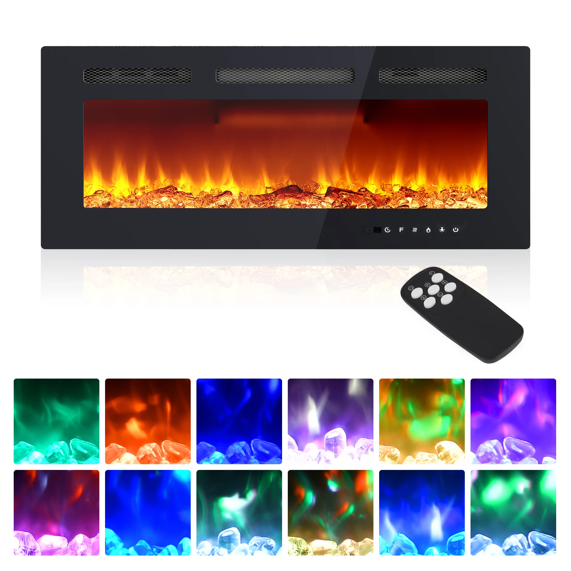 40 Inch Electric Fireplace Insert, Recessed & Wall Mounted Ultra-Thin Heater with Remote, 12 Flame Colors, 750W/1500W Glass Panel