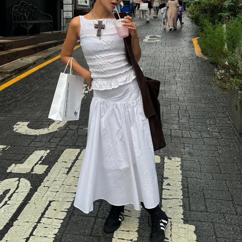 

Women's 2 Piece Skirt Outfits Sleeveless Ruched Tank Tops Long Pleated Skirt Set
