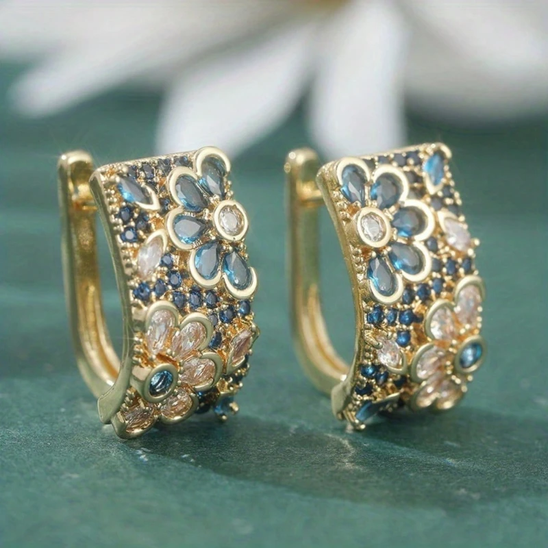

Винтажные синие серьги с разноцветными кубическими циркониями в форме цветов и листьев для женщин, сверкающие украшения для вечеринок, свадеб, подарок на годовщину