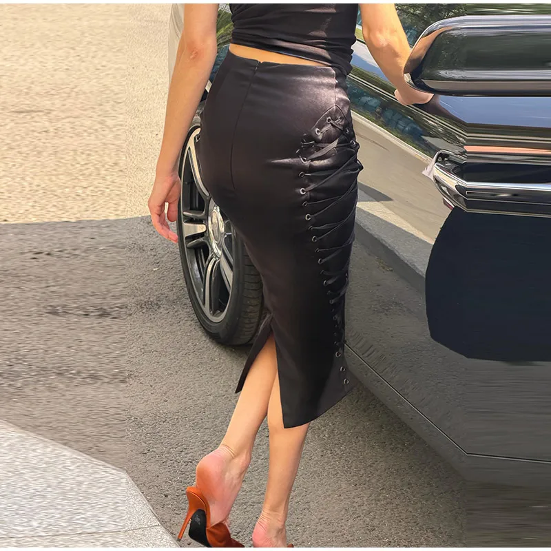 Seitlich gebundener, figurbetonter Midirock für Damen, sexy, hohe Taille, Hüftbetonter Schnitt, Schnürung, figurbetonter Rock, charmante Damenmode, einfarbig, schmal geschnitten, neu für Partys. – Detail 7