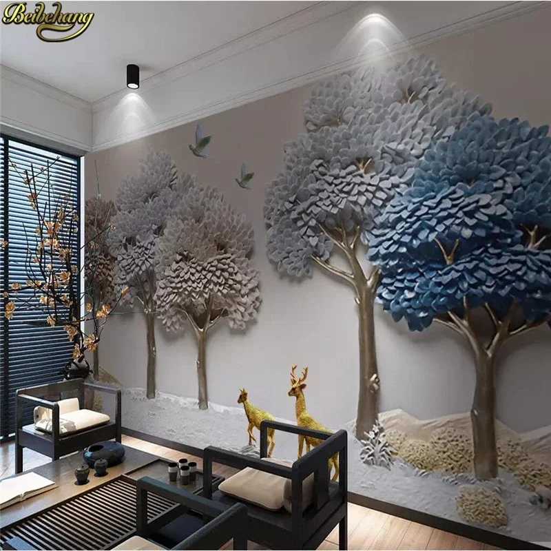 Custom 3D mural wall paper Embossed Fortune Tree Elk Background Wall decoration painting photo wallpaper for walls Wall stickers