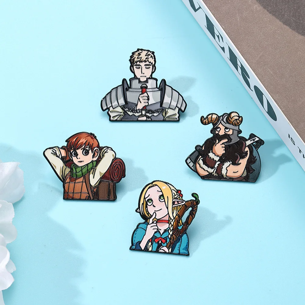 Delicious in Dungeon Enamel Pins 4Pcs Set Marcille Laios Chilchuck Senshi Brooches Lapel Badges