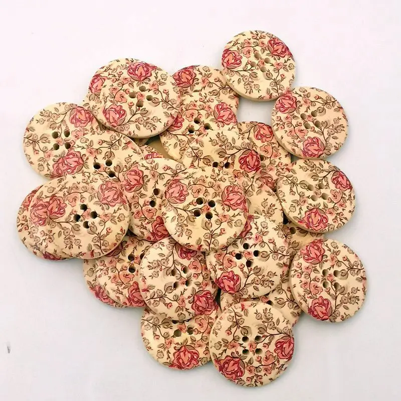 Bottoni in legno stampato dipinto da 30 mm, bottoni rotondi per abbigliamento a quattro occhi, bellissimi bottoni decorativi in legno da 30 in una confezione