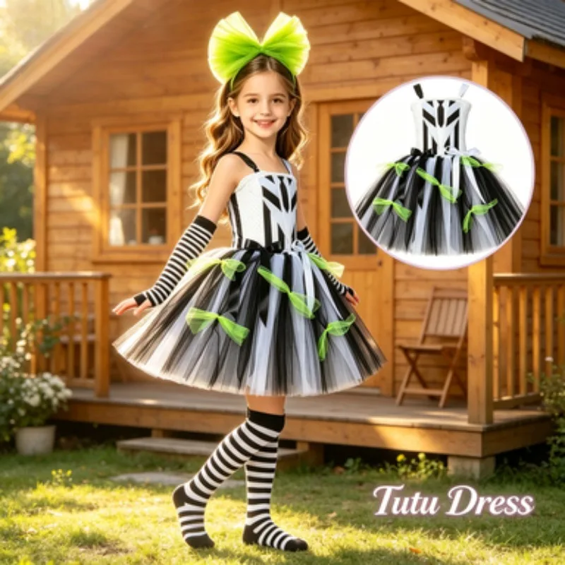 

Black and white cartoon-themed role-play costumes for girls, Halloween tulle tutu dress sets, girls' festival stage outfits