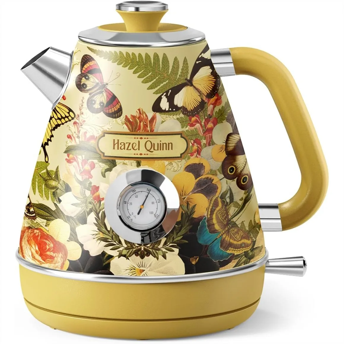 

Electric Kettle 1200W Fast Boiling, 1.7L 304 Stainless Steel, Auto Shut-Off, Cordless Retro Teapot with Thermometer