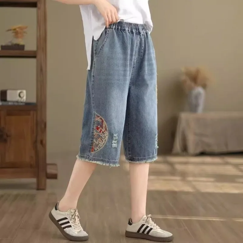 

Embroidery New Chinese Style Denim Culottes for Women Summer Thin Style New High Waist Loose Casual Wide Leg Pants