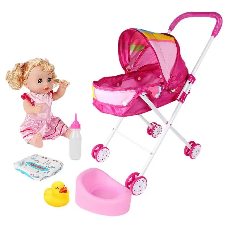 Simulation Baby Doll Stroller Set Portable Pretend Play Furniture Toy Set With Feeding Accessories Nursery Playset for Kids