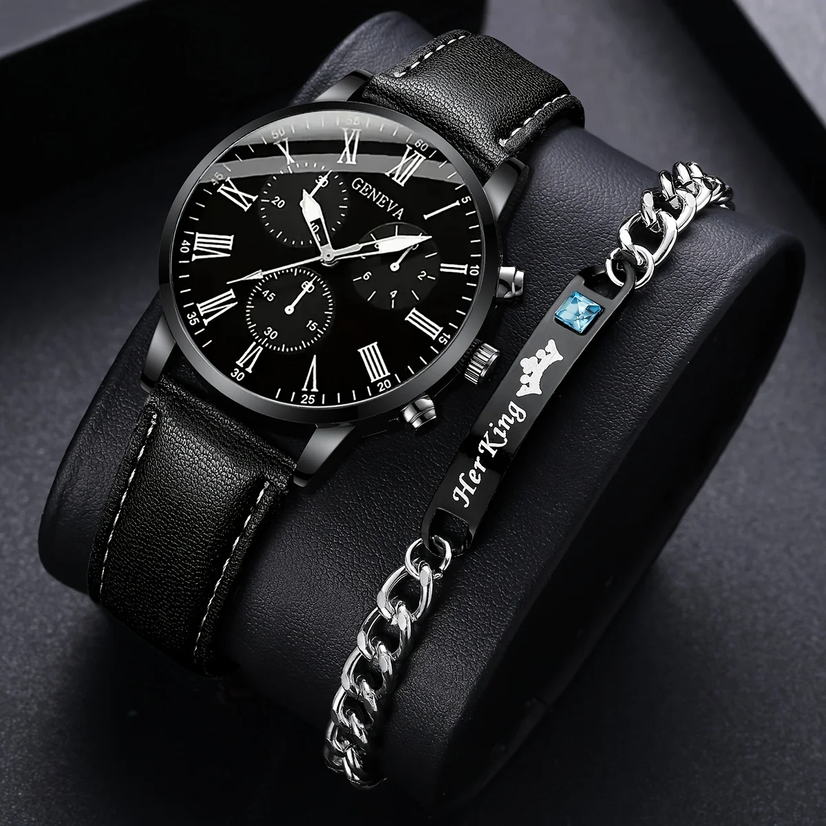 

2 Pcs Black Quartz Watches PU Leather Strap Zinc Alloy Pointer Zinc Alloy Dial And Bracelet Jewelry For Women Men