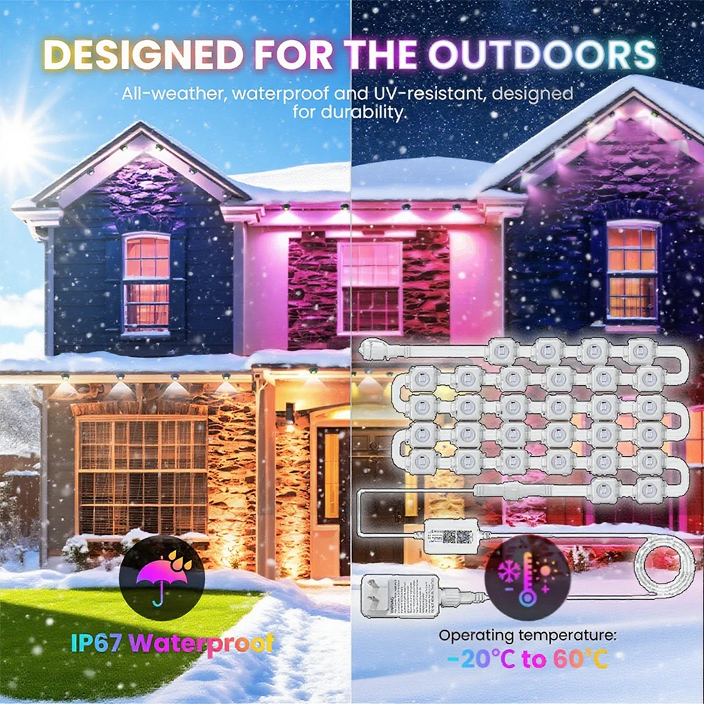 パーティー用長持ちLED、常設屋外照明、RGB軒下ライト、DIYシーンモードIP67防水屋外軒下照明。