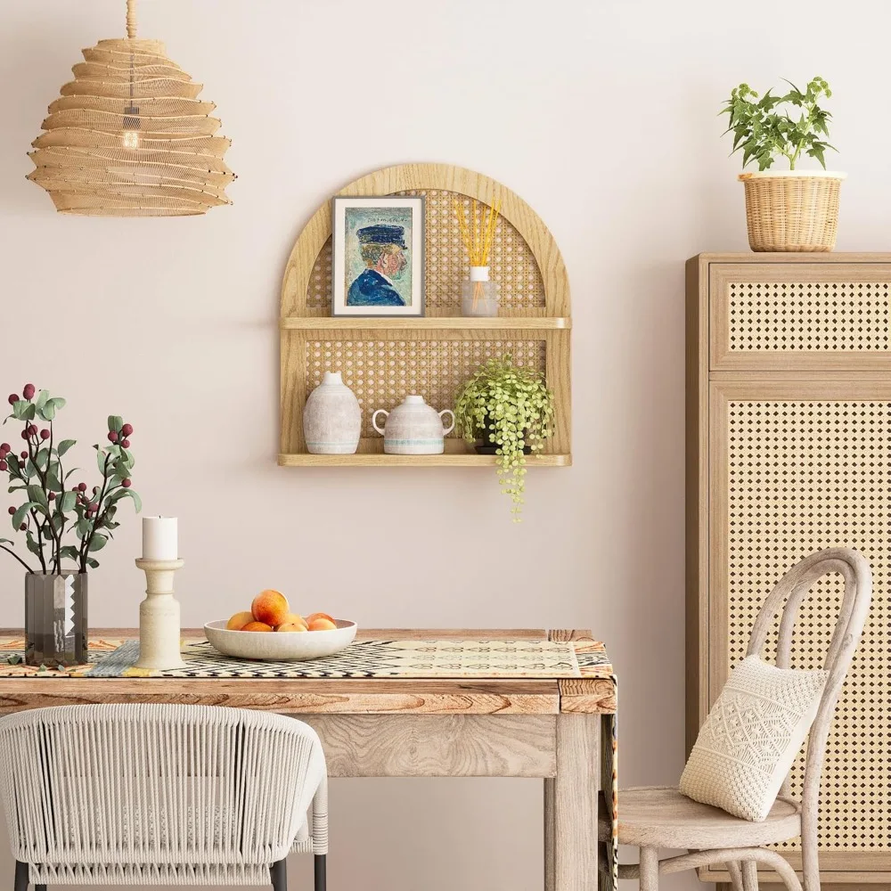

Wood Boho Rattan Wall Shelf - 2-Tier Arched Wicker Floating Shelf Natural Wood New Boho Shelf,