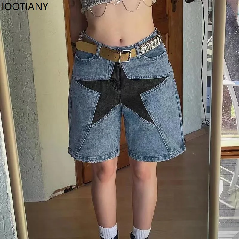 Five-pointed Star Stitching Denim Shorts Men And Women Hip-hop Street Style Shorts Y2k Harajuku Casual Sports Shorts Sweatpants