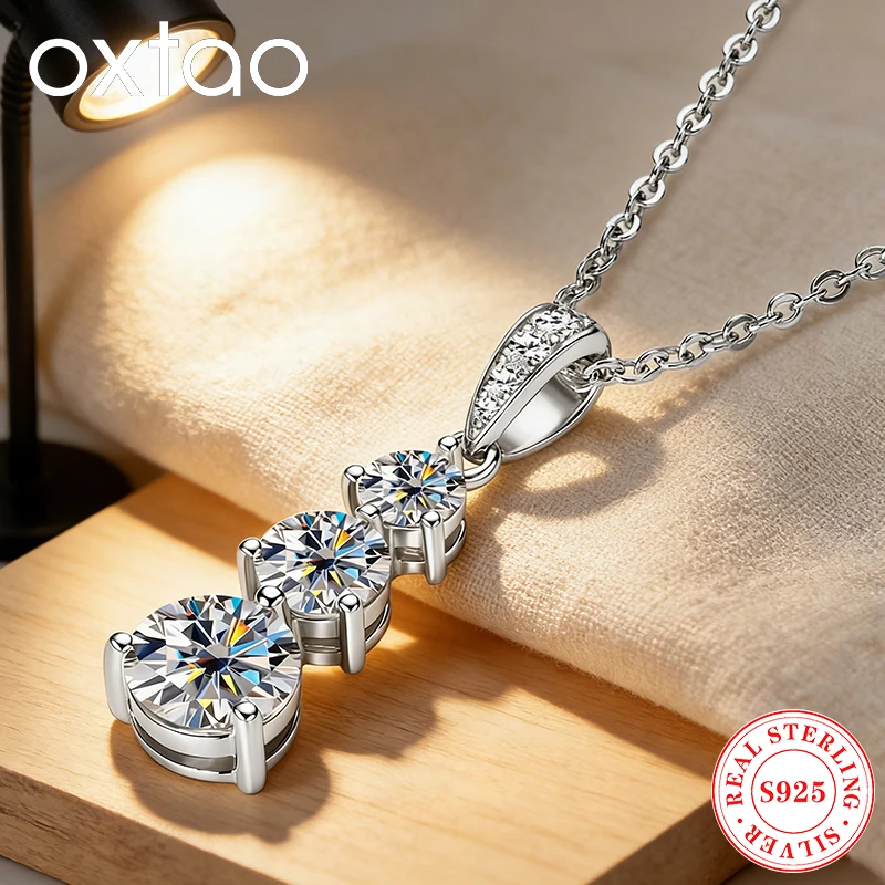 

OXTAO 3 Stone Moissanite Pendant Necklace Certified 925 Sterling Silver Plated 18k White Gold Necklace Anniversary jewelry Gifts