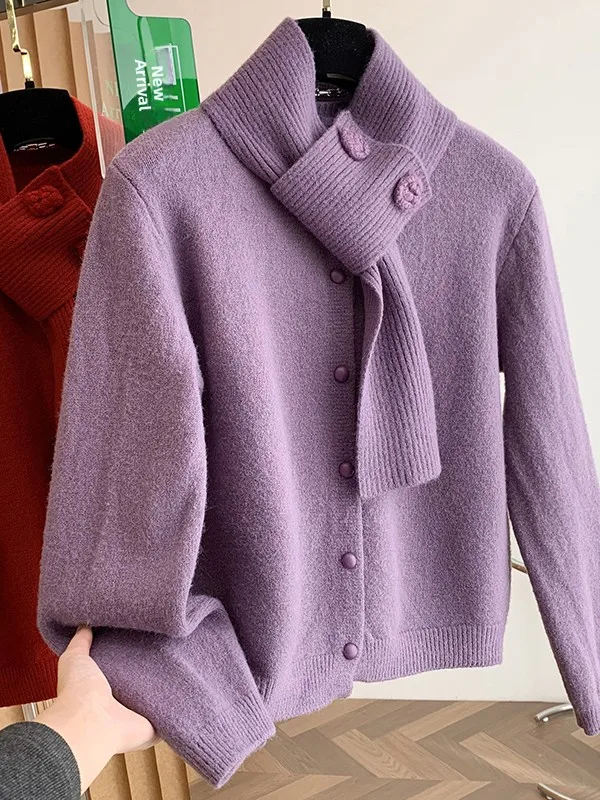 

e Embroidered Lace Scarf Purple Knitted Open Cardigan Women's Autumn Winter Faion Design Beautiful Soft Korean Sle...