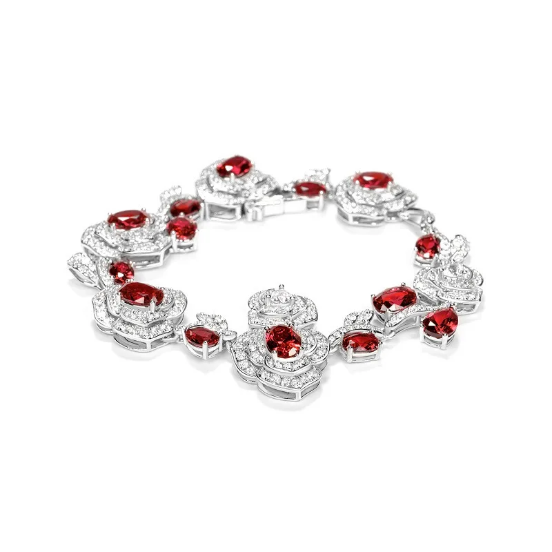 

Exquisite Rose Flower Design 925 Sterling Silver Bracelet Lab Grown Ruby Women's Flower Fine Jewelry Wedding Engagement Gift