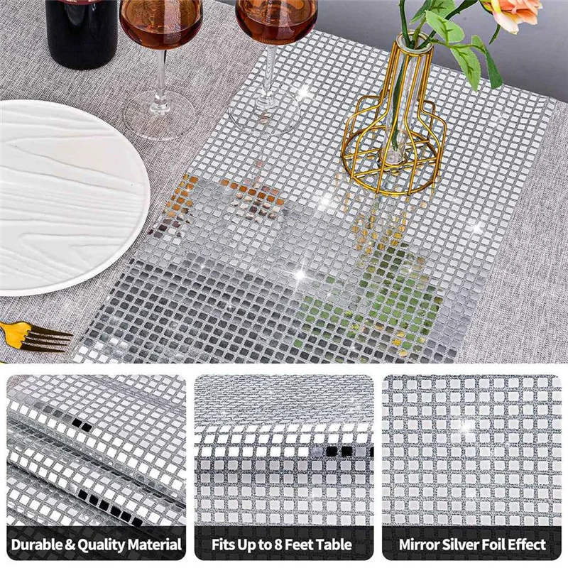 table runnerDisco Table Runner Mirror Silver Foil Table Runner Glitter Metallic Table Cover for Disco Dance Wedding