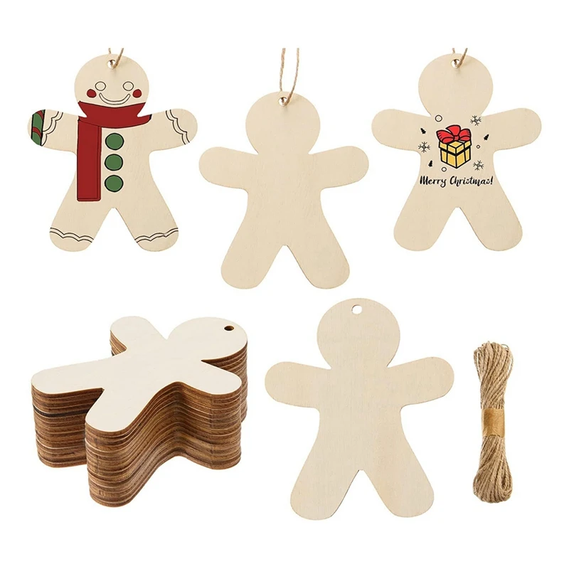 50PCS Unfinished Wood Gingerbread Man Ornaments Cutouts Blank Wood Gingerbread Men Hanging Decor With Twine Durable Easy Install