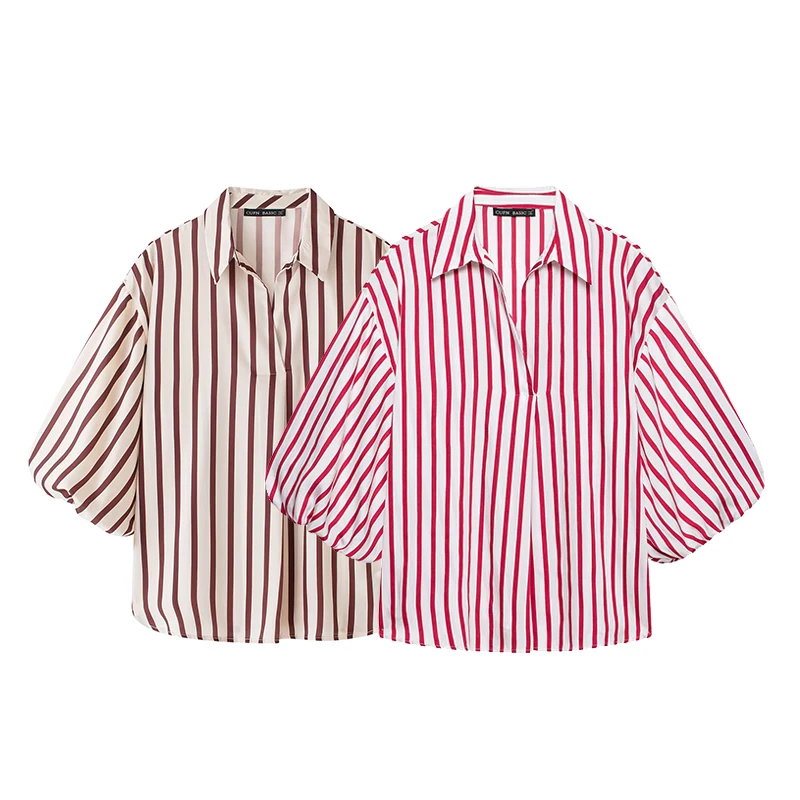 Willshela Women Fashion Striped Pullover Shits Vintage POLO Collar Short Puff Sleeves Female Chic Lady T-Shirts