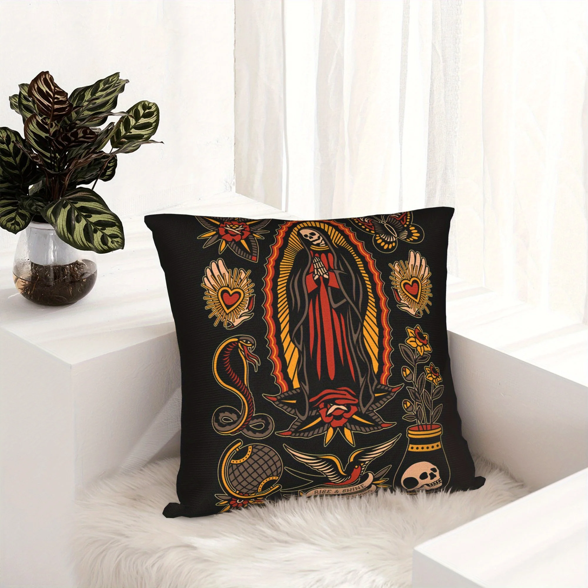 1PC Tattoo Design Pillow Cover, Modern Style Vibrant Color Skull, Snake & Floral Pattern, for Sofa & Living Room Decor