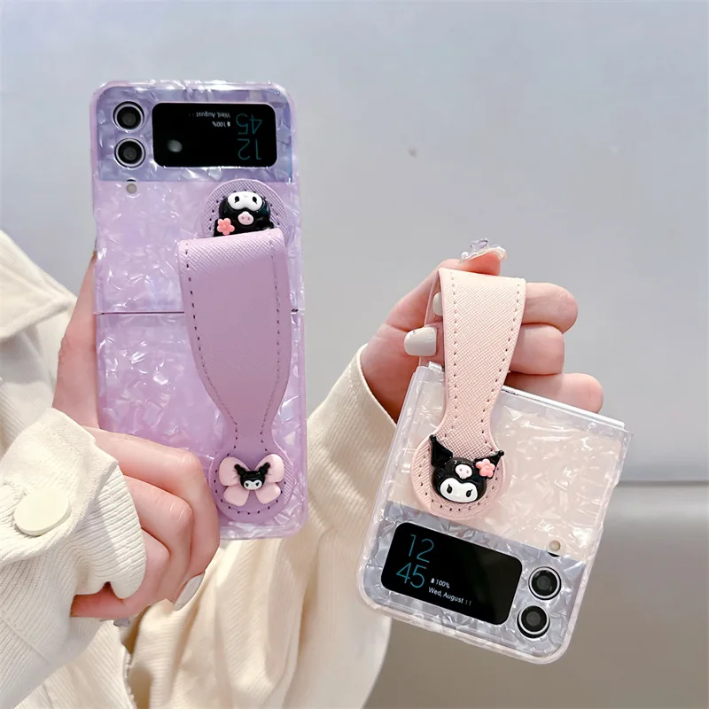 Kawaii Sanrio Kuromi Phone Case for Samsung Z Flip 4 Laser Shell Pattern Case with Bracelet for Z Flip 3 Zflip4 Hard Back Cover